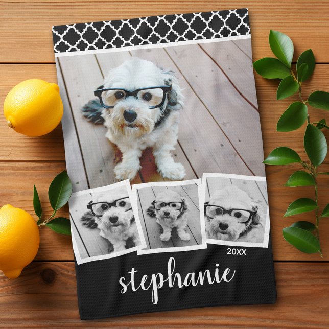 Linge De Cuisine Script de collage de 4 photos tendance Nom Blanc N (Personalized Kitchen Towel with photos and text - Makes a great gift)