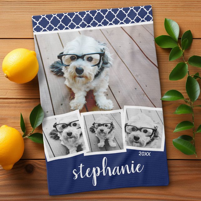 Linge De Cuisine Script de collage photo tendance 4 Nom Blanc Bleu (Custom Kitchen Towel with Photo Collage)