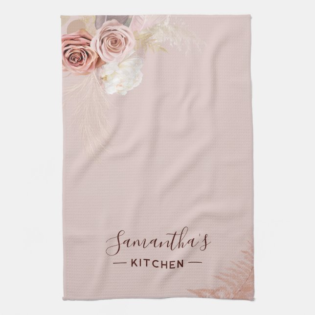 Linge De Cuisine Script Fleur Rose Terracotta Personnalisé (Vertical)