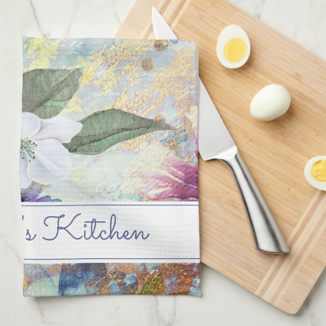 Linge De Cuisine Seafoam bleu floral aquarelle nom personnalisé vin (Quart Plié)