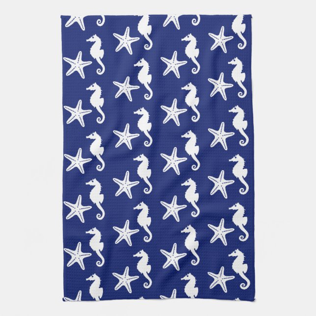Linge De Cuisine Seahorse & starfish - navy blue and white (Vertical)