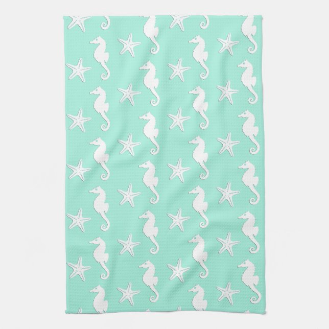 Linge De Cuisine Seahorse & starfish - white on pale aqua (Vertical)