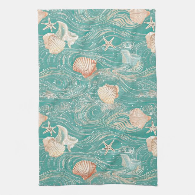 Linge De Cuisine Seashells and Ocean Waves Pattern (10) (Vertical)