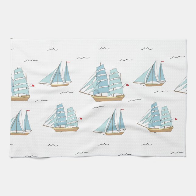Linge De Cuisine Seatime été Cute yachts avec voile (Horizontal)