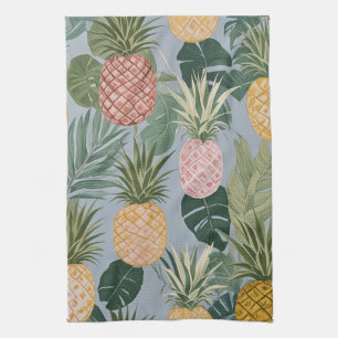 Linge De Cuisine Sérénité tropicale : ananas et palmiers peints