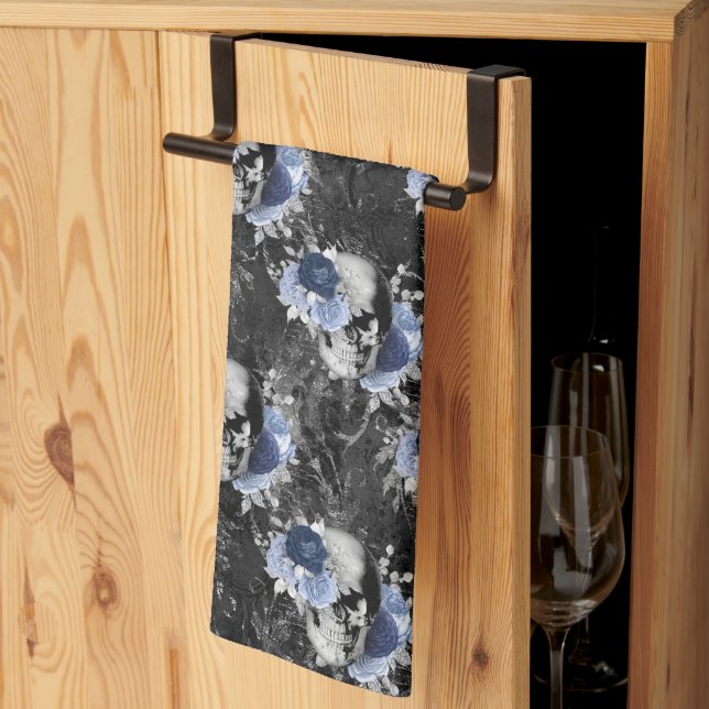 Linge De Cuisine Série Blue Floral Skull Design 1   (Pliage en tiers)