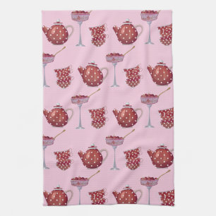 Linge De Cuisine Service à thé rouge tacheté et fraises motif rose