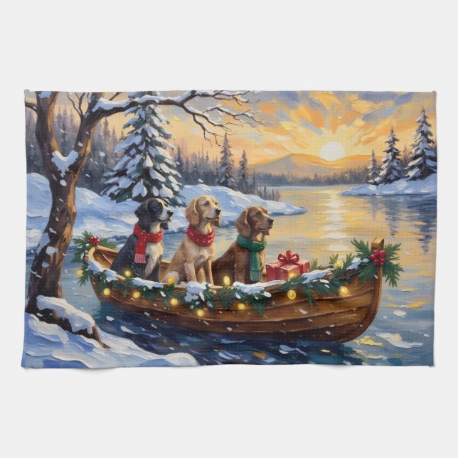 Linge De Cuisine Setter Anglais Noël Bateau Fêtes (Horizontal)