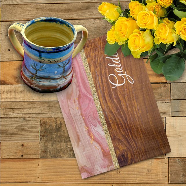 Linge De Cuisine Shabbat Shalom Marbre rouge sur effet bois (Créateur téléchargé)