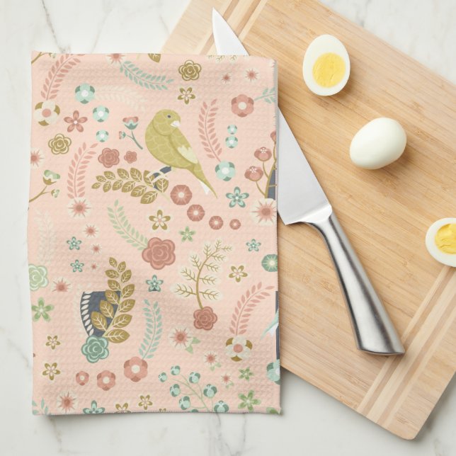 Linge De Cuisine Shabby Birds & Branches Pastel Saumon (Quart Plié)