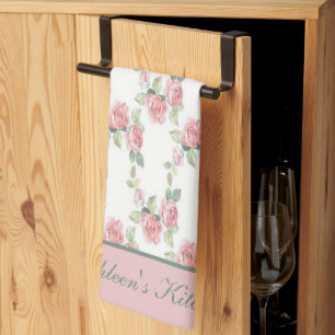 Linge De Cuisine Shabby Chic Rose Fleur Rose Monogrammé 