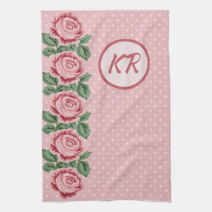 Linge De Cuisine Shabby Chic Rose Rose Polka Point Monogramme