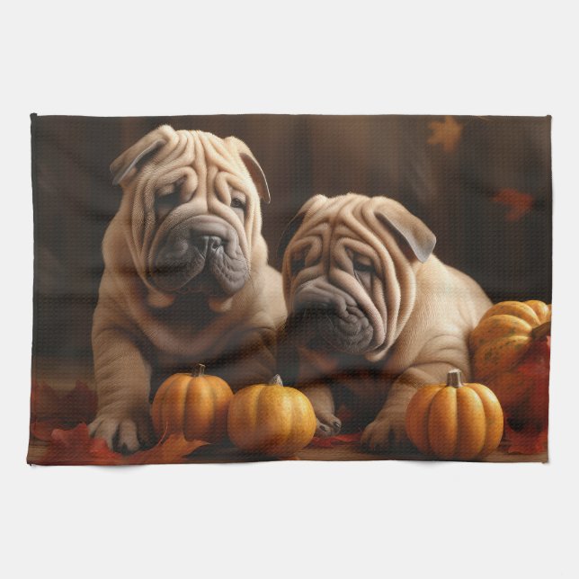 Linge De Cuisine Shar Pei Chiot Automne Citrouille de plaisir (Horizontal)
