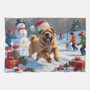 Linge De Cuisine Shar Pei courant dans la neige avec un chapeau de 