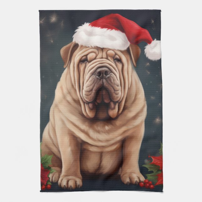 Linge De Cuisine Shar Pei dans la neige de Noël (Vertical)