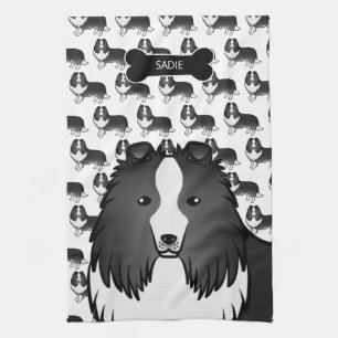Linge De Cuisine Sheltie de dessin animé bi-noir avec os de chien e