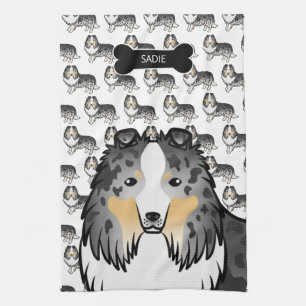 Linge De Cuisine Sheltie de dessin animé bleu merle avec os de chie
