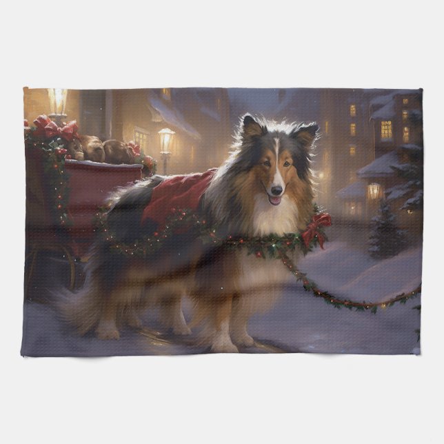 Linge De Cuisine Sheltie Saison des Fêtes de Noël (Horizontal)