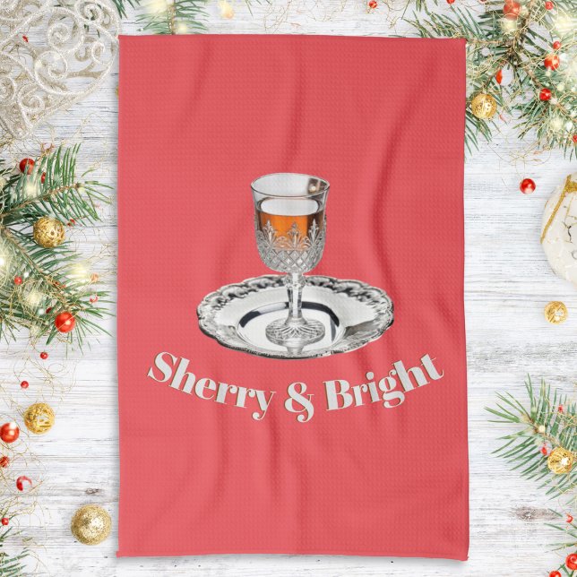 Linge De Cuisine Sherry & Bright Drink Glass Funny Red Christmas (A festive red kitchen towel with a glass of sherry on a silver platter, with amusing caption)