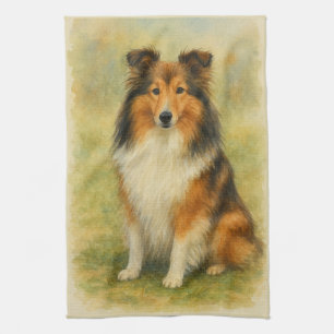 Linge De Cuisine Shetland Sheepdog Assis Aquarelle 