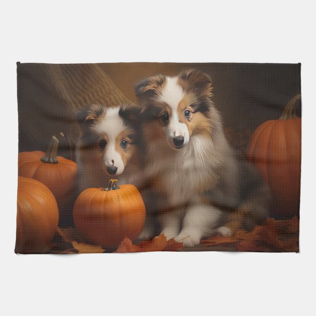 Linge De Cuisine Shetland Sheepdog Chiot Chiot Automne Citrouille d (Horizontal)