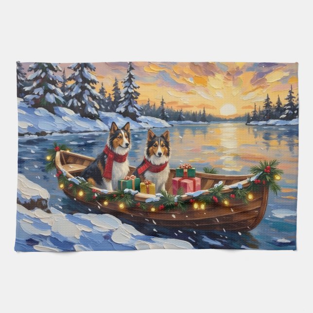Linge De Cuisine Shetland Sheepdog Christmas Boat Holiday (Horizontal)