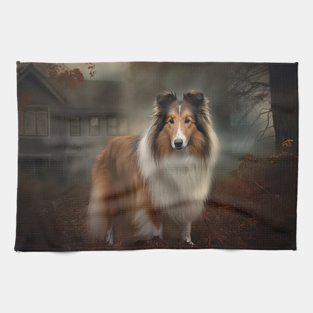 Linge De Cuisine Shetland Sheepdog Halloween Épouvantable (Horizontal)