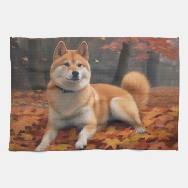 Linge De Cuisine Shib Inu en automne Leaves automne Inspire (Horizontal)