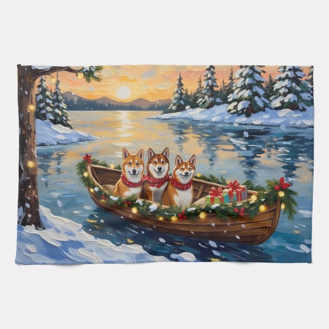 Linge De Cuisine Shiba Inu Christmas Boat Holiday (Horizontal)