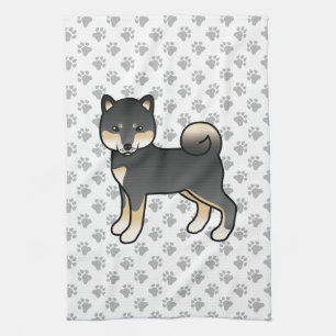 Linge De Cuisine Shiba Inu noir et feu avec motif de pattes mignon