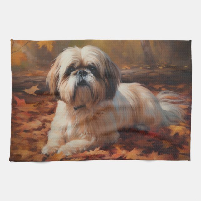 Linge De Cuisine Shih Tzu à l'automne Feuilles automne Inspire (Horizontal)