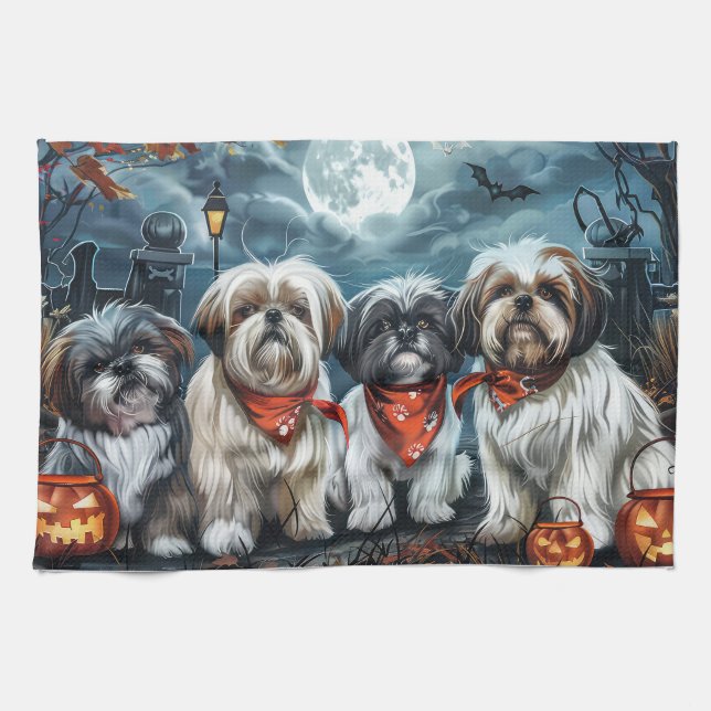 Linge De Cuisine Shih Tzu Halloween Éffrayant (Horizontal)