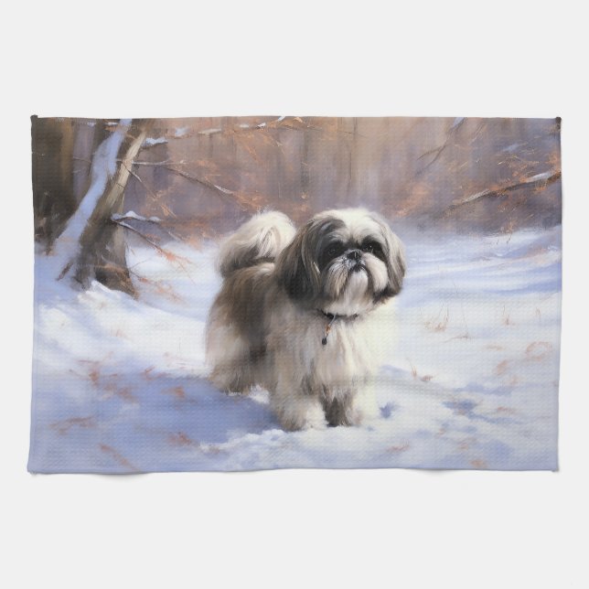 Linge De Cuisine Shih Tzu Laisse Neige Noël (Horizontal)