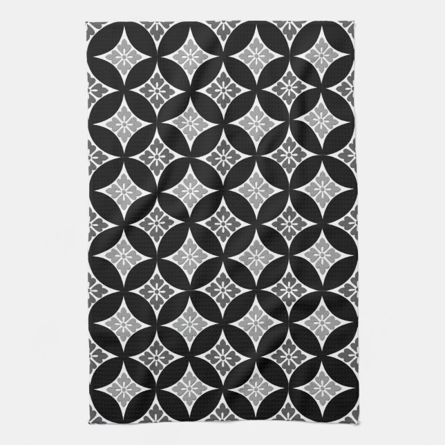 Linge De Cuisine Shippo avec Motif Fleur, Noir, Blanc et Gris (Vertical)