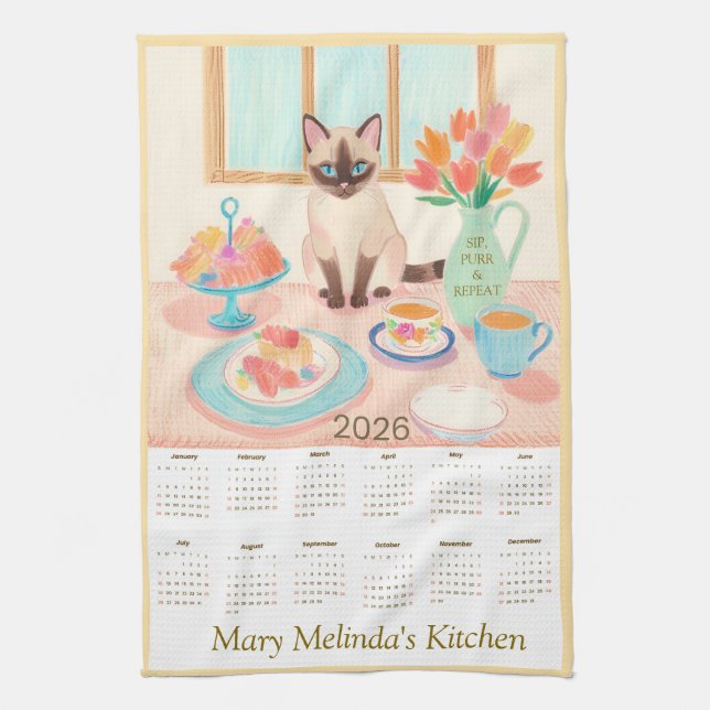 Linge De Cuisine Siamese Cat & Tea Party Kitchen Towel Calendar (Vertical)