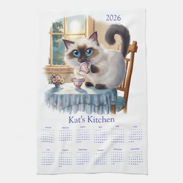 Linge De Cuisine Siamese Cat Tea Time 2026 Calendar Kitchen Towels (Vertical)