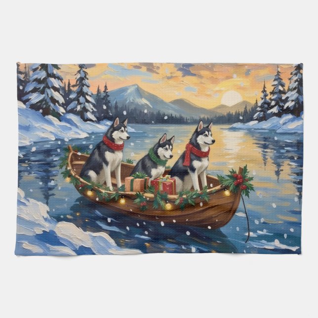 Linge De Cuisine Siberian Husky Christmas Boat Holiday (Horizontal)