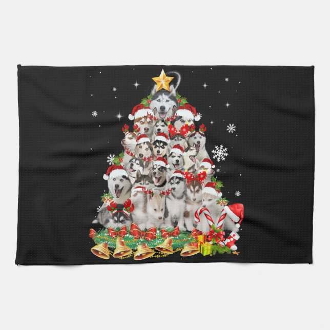 Linge De Cuisine Sibérie des lumières des arbres de Noël | chien xm (Horizontal)