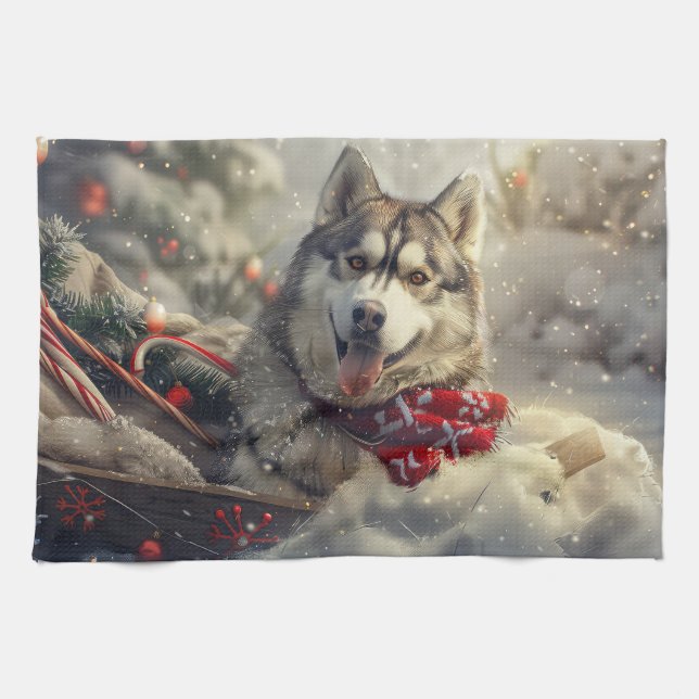 Linge De Cuisine Sibérie Husky Chien Festif de Noël (Horizontal)