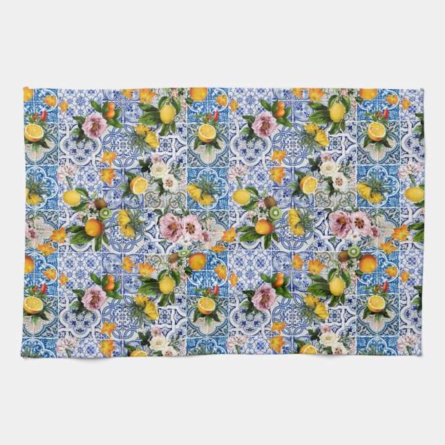 Linge De Cuisine Sicilian style with flowers and lemon (Horizontal)