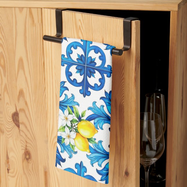 Linge De Cuisine sicilien, été, citron, mosaïque, bleu (Pliage en tiers)