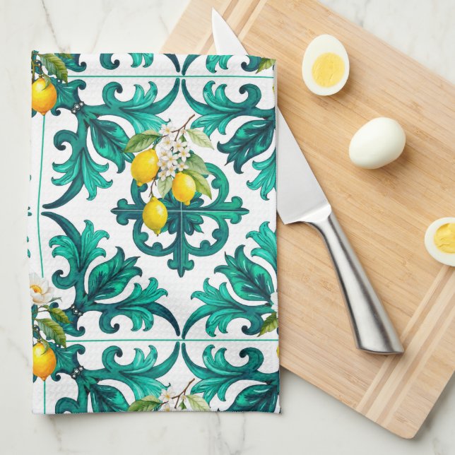 Linge De Cuisine sicilien, été, citron, mosaïque, vert, (Quart Plié)
