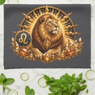 Linge De Cuisine Signe du zodiaque Lion en or avec pierres grises