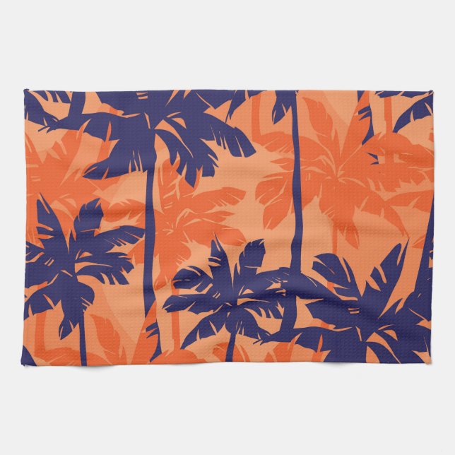 Linge De Cuisine Silhouette de palmier bleu, arrière - plan orange (Horizontal)