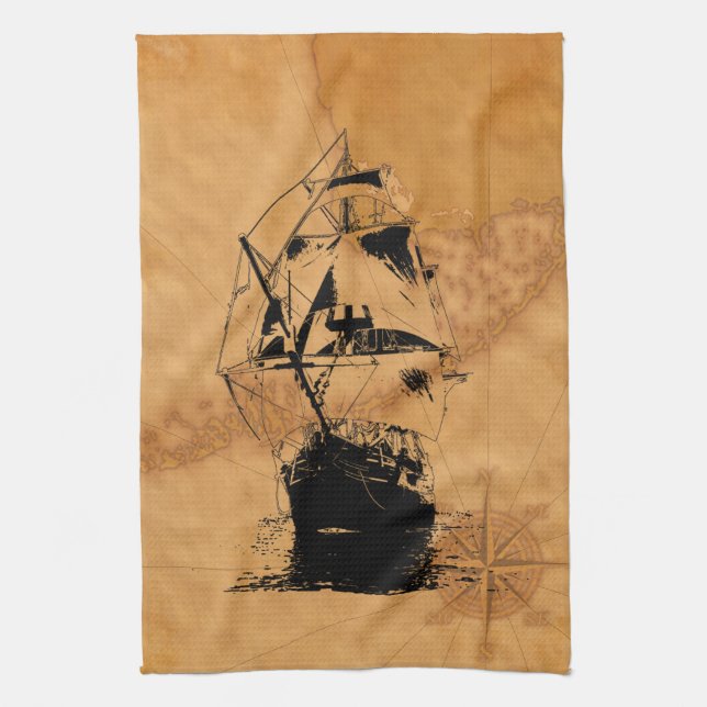 Linge De Cuisine Silhouette noire de bateau (Vertical)