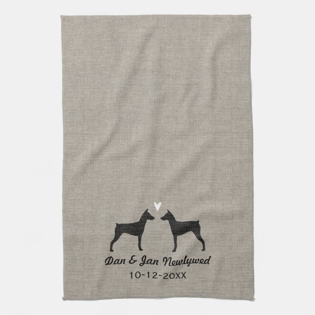 Linge De Cuisine Silhouettes allemandes Pinscher avec coeur (Vertical)