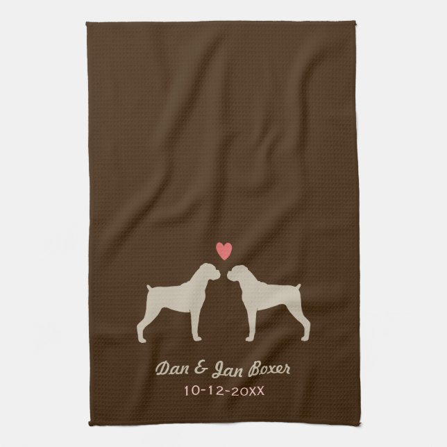 Linge De Cuisine Silhouettes de chien Boxer avec cœur et texte (Vertical)