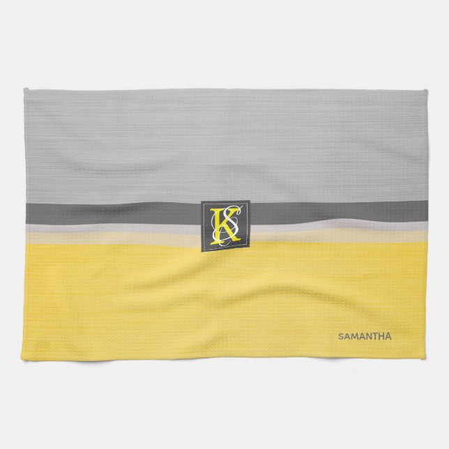 Linge De Cuisine Simple deux tons jaune et gris Initiales Monogramm (Horizontal)