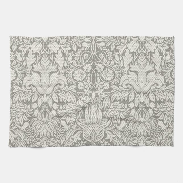 Linge De Cuisine Simple motif floral damassé blanc (Horizontal)