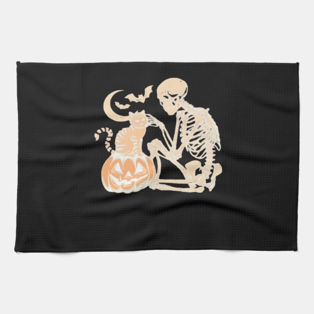 Linge De Cuisine Skeleton Cat Crâne kitty mignonne Halloween Design (Horizontal)